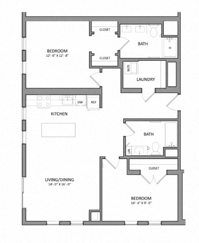 Floor plan for 2 beds, 2 baths, 1090 sqft